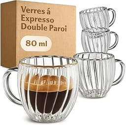 Cosumy Tasses à Expresso Double Paroi 80ml - Set de 4 Tasses avec Poignée